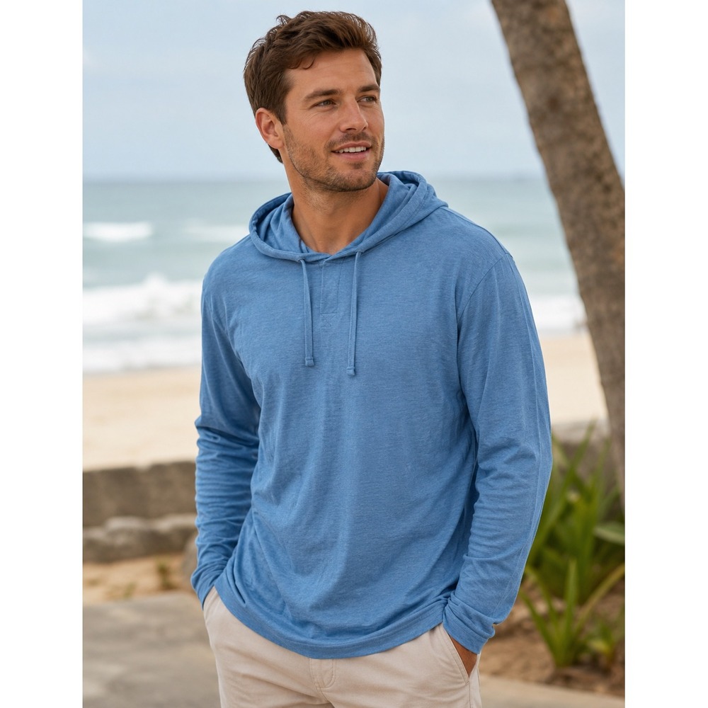 Vince Henley Hoodie Mens XXL Blue Long Sleeve Knit Pullover Quiet Luxury Coastal